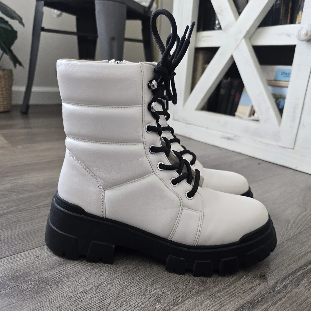 Marc Fisher Amita 3 Lug Sole Lace Up Ivory & Black Combat Boot